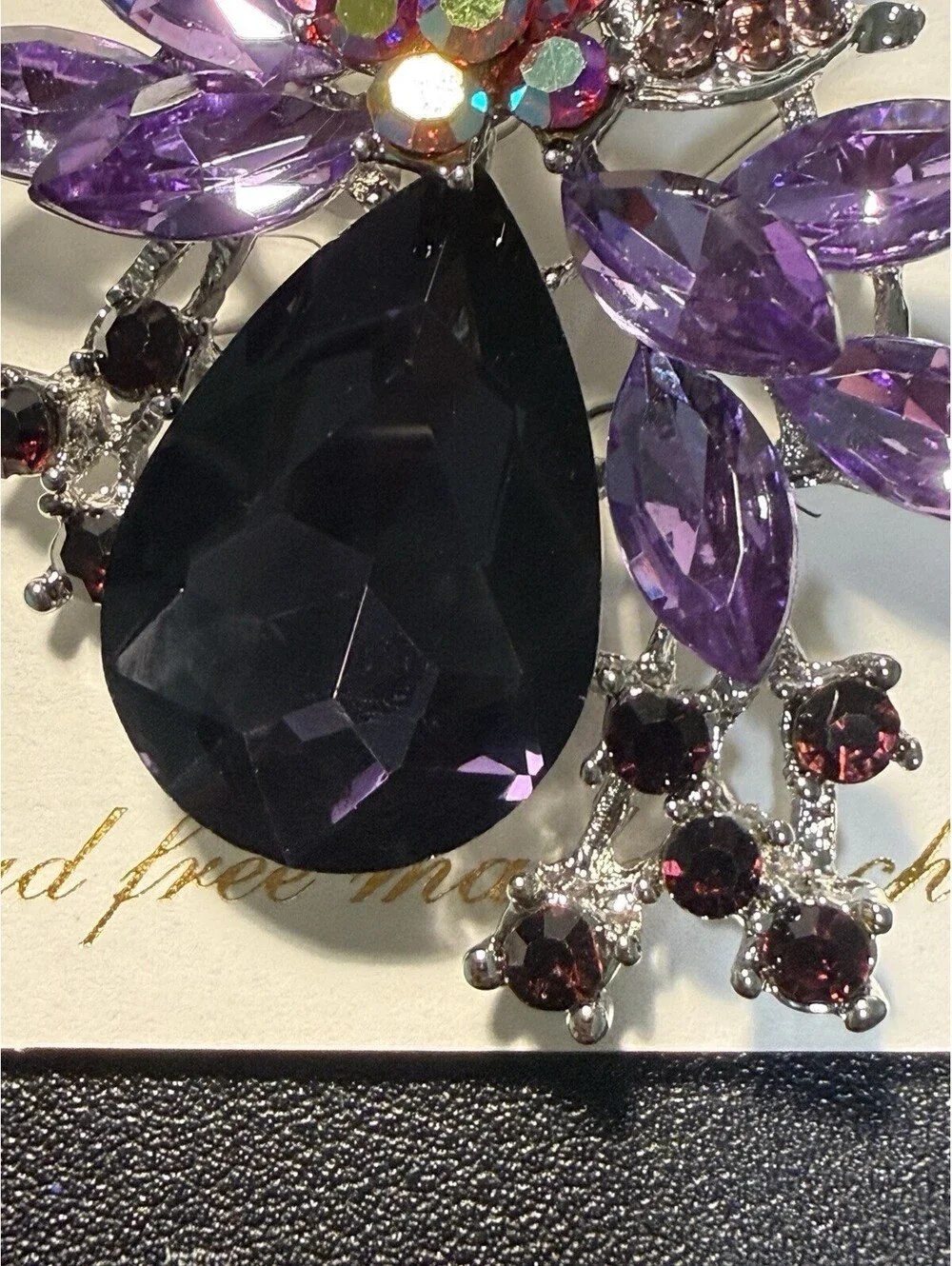 NEW JJ Fantasia 2000s Floral Brooch Crystal Rhinestone Purple AB, 2x2.5”